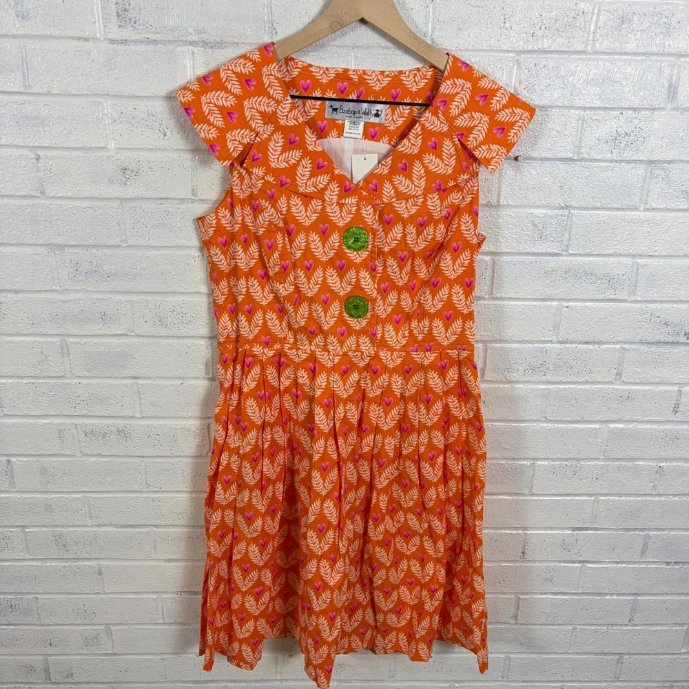Beebop & Wally Fit & Flare Dress Womens L Orange Heart Leaf Print Cotton